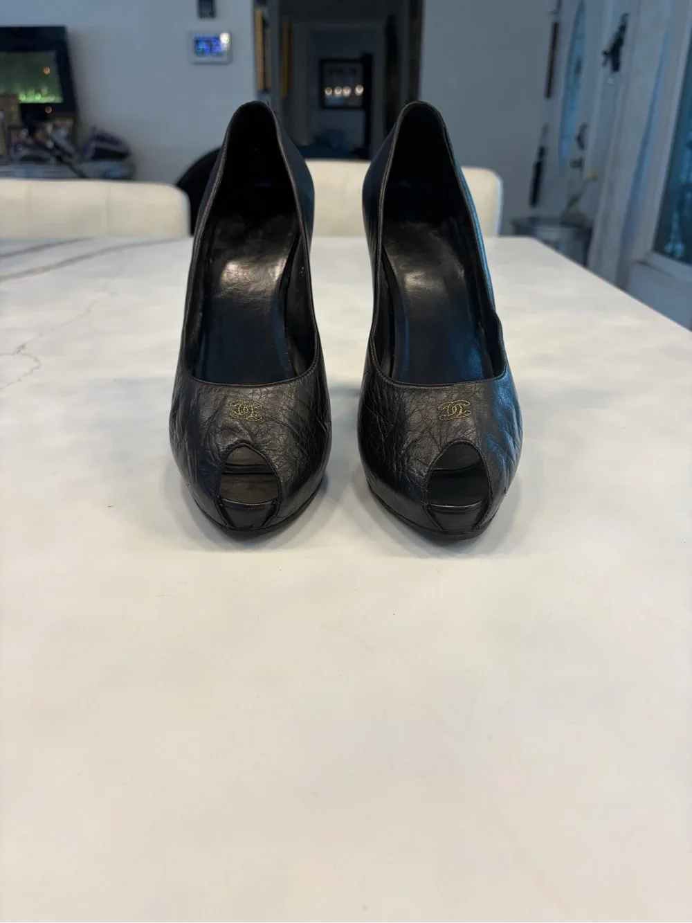 CHANEL Black Leather Peep-Toe Pumps with Gold CC Accent - Picture 2 of 8